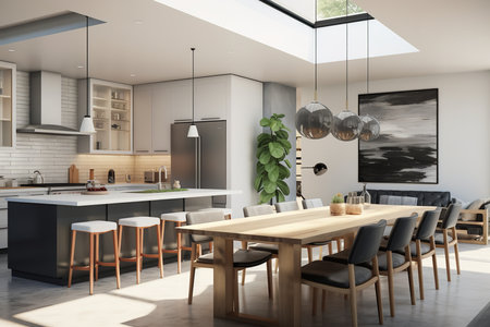 A spacious kitchen and dining area with a large skylight, white cabinets, stainless steel appliances, and a kitchen island with a sink and breakfast bar. The island is lit by two pendant lights.の素材