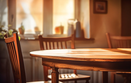 A wooden table and chairs in front of a window with a view of a green garden. The table is set for a meal with placemats, plates, bowls, silverware, and glasses.の素材