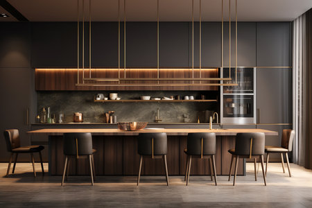 A kitchen with a long wooden table and chairs, featuring a kitchen island with a granite countertop, a kitchen sink, and a stovetop. The kitchen is modern and spacious, with plenty of natural light.の素材