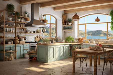 A spacious and inviting kitchen with a stove, table, and chairs, white cabinets, a grey island with bar stools, and a subway tile backsplash. The kitchen has a clean and modern atmosphereの素材