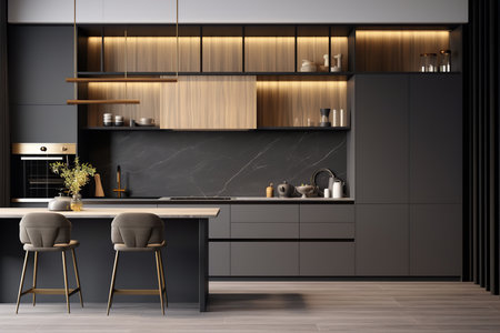 A kitchen with dark cabinets and a marble counter top. The kitchen is spacious and well-lit, with stainless steel appliances. The dark cabinets add a touch of luxury and sophisticationの素材