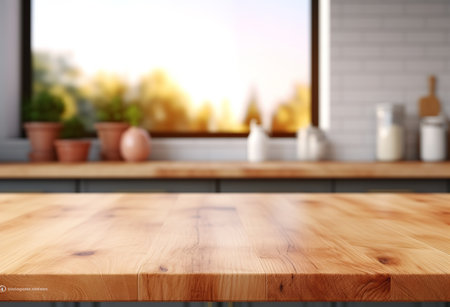 A wooden table and chairs in a kitchen with a window, featuring a vase of flowers and a bowl of fruit. The kitchen is well-lit and has a warm and inviting atmosphere.の素材