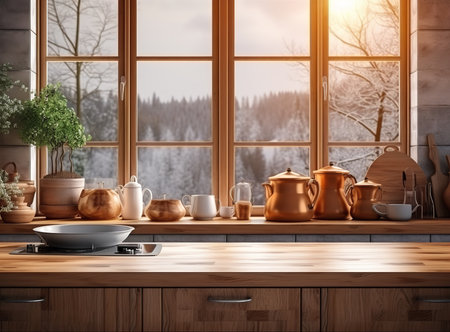 Cozy kitchen counter with pots and pans on it and a window with a view of a snowy forest. The pots and pans suggest that the kitchen is well-used and loved, while the snowy forest viewの素材