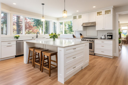 Sleek and modern kitchen with white cabinets, a large island, and gold bar stools. The island provides ample counter space for meal preparation and diningの素材