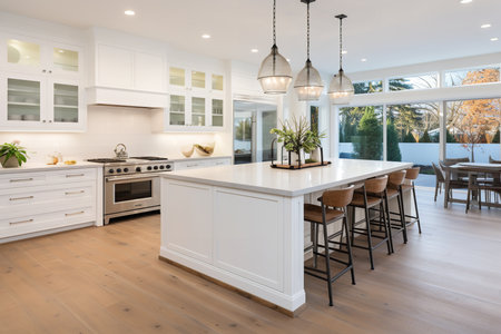 Spacious kitchen with a large island, stainless steel appliances, and wood floors. The island provides ample counter space for meal preparationの素材