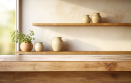 Rustic wooden table with vases on shelves in front of a large window. The natural wood grain of the table and shelves adds a touch of warmth and charm to the spaceの素材