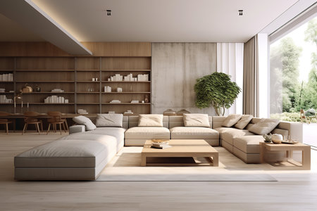 Cozy Scandinavian living room with a white couch, wooden coffee table, and sheepskin rug. The couch is placed against a light gray wall, and a large window on the opposite wall lets in plenty of natural light.の素材