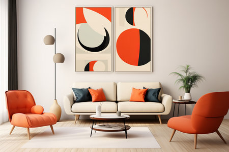 modern living room features a white couch, geometric coffee table, and two abstract paintings on the wall. The couch is topped with plush pillows in shades of white and grayの素材