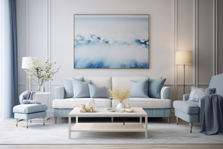 Elegantly designed blue and white living room with a large abstract painting on the wall. The room features a white couch with blue pillows, a blue table, and two blue chairs.の素材