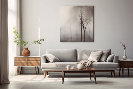 Serene living room with . The painting depicts a lush green forest with trees in the background, creating a calm and inviting atmosphere.の素材