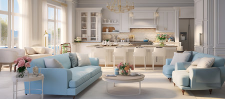 elegant living room features a white couch, brown coffee table, and large window with stunning views of a lush green backyard. The couch is topped with plush pillowsの素材