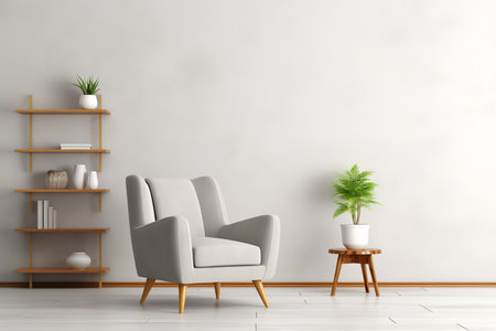 Inviting and cozy living room with a white chair, shelf, and plant in front of a large window. The chair is topped with a plush pillow and a soft throw blanket, and it is positionedの素材