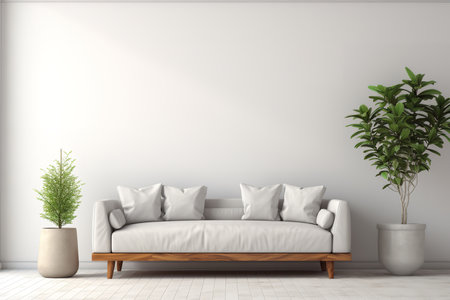 Bright and inviting living room with a white couch, brown coffee table, potted plant in front of a window, and a rug covering the floor.の素材
