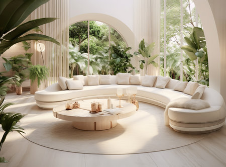 Cozy and eclectic bohemian living room with a colorful couch, patterned rug, and a variety of unique decor items. The couch is topped with plush pillows in different colors and patternsの素材