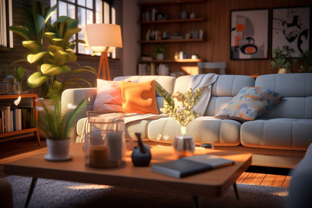 cozy living room features a white couch, brown coffee table, and potted plants that add a touch of nature to the space.の素材
