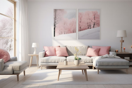 inviting living room with minimalist dÃ©cor and large forest painting, creating a serene and natural atmosphere. The clean lines and neutral colors of the dÃ©corの素材