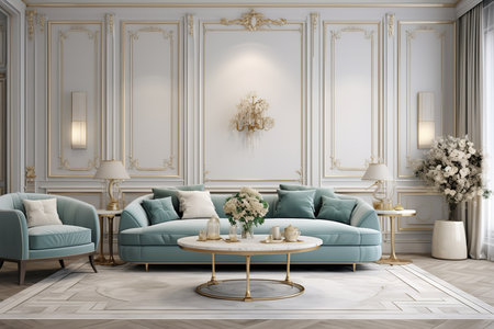 Luxurious and inviting living room with velvet couch, crystal chandelier, and gold accents. The velvet couch is the focal point of the room, and the crystal chandelierの素材