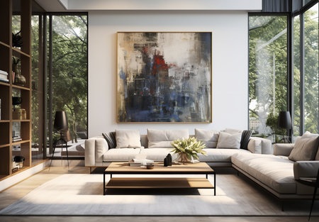 living room with large forest painting on orange wall, creating a warm and inviting atmosphere [Image sent]. The painting depicts a lush green forestの素材