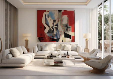 Stylish and serene living room with large forest painting and minimalist dÃ©cor. The painting depicts a lush green forest, creating a sense of depth and bringing nature indoors.の素材
