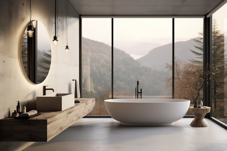 Modern bathroom with freestanding bathtub, black sink, and large windowの素材
