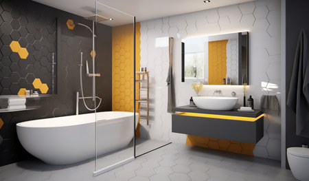 Bathroom with black and white checkered tile floors, black walls, and white cabinets and fixtures.の素材