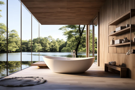 bathroom with a clawfoot bathtub, a wooden sink with a rustic faucet, and a mirror with a wooden frame.の素材