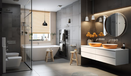 Bathroom with double sinks, freestanding bathtub, and walk-in showerの素材