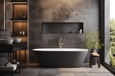 Black and white bathroom with double sinks, freestanding bathtub, and walk-in showerの素材