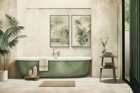 Green bathtub in bathroom with two paintings of palm trees on wall above it.の素材