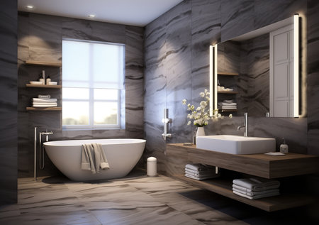Stylish bathroom with freestanding bathtub, black and white tile floor, and potted plantの素材