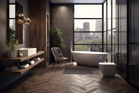 Opulent bathroom with freestanding bathtub, double sinks, and walk-in showerの素材
