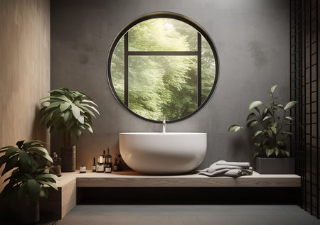 Luxurious bathroom with freestanding bathtub, double sinks, and walk-in showerの素材