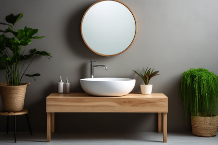 Sleek and sophisticated modern bathroom with a freestanding white bathtubの素材