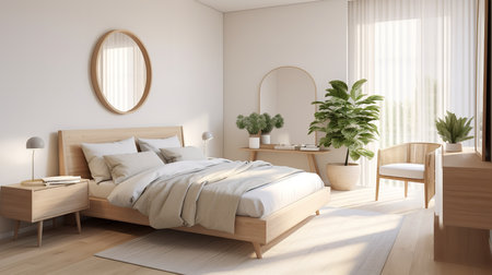 Cozy bedroom with white bed, wooden nightstand with a lamp and plant on it, and a large window with a stunning view of a lush forest. The bed has white bedding and a gray throw blanket.の素材