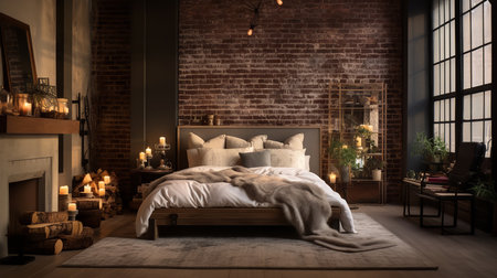 Modern bedroom with white bed, gray comforter, pillows, and throw blanket. Exposed brick accent wall behind the bed adds warmth and character to the space.の素材