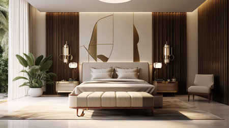 Cozy bedroom with white bed, gray comforter, pillows, and throw blanket. Wood nightstand on one side of the bed with a lamp and plant on it. Area rug on the floor in a neutral patternの素材