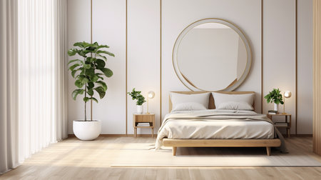 Bohemian bedroom with canopy bed, white comforter, pillows, and throw blanket. Plant wall behind bed adds a touch of nature and freshness.の素材