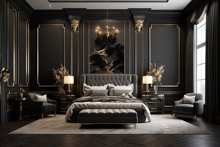 Luxurious black and gold bedroom with tufted bed, white bedding, and chandelier. Gold accents throughout the room add a touch of glamour.の素材