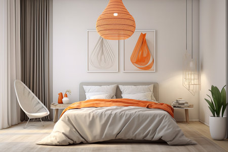 Whimsical boho bedroom with canopy bed, white comforter, pillows, and throw blanket. Plant wall behind bed adds a touch of nature and freshnessの素材