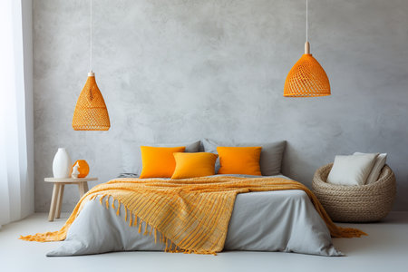 Minimalist Scandinavian bedroom with white bed, gray comforter, pillows, and throw blanket. Wood nightstands on either side of the bed with lamps and plants on them.の素材