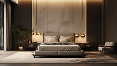 Cozy bedroom with white bed, wooden chair, and two pendant lights hanging over the bed. Bed has white comforter, pillows, and throw blanket.の素材