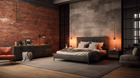 Sleek modern bedroom with white bed, gray comforter, pillows, and throw blanket. Black metal nightstand on one side of bed with lamp and plant on it.の素材