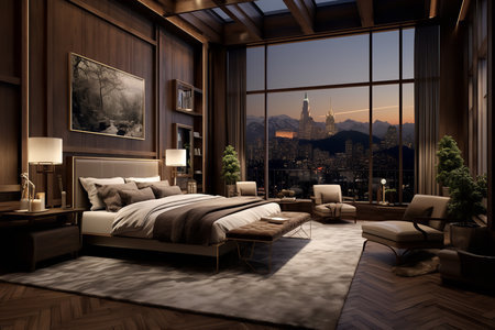 Bedroom with white bed, dresser, and nightstand, offering a stunning view of a bustling cityscape. Bed has white comforter, pillows, and throw blanket.の素材