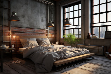 Bedroom with white bed, comforter, and pillows in front of a large window. Exposed brick wall behind the bed. Three pendant lights hang from the ceiling.の素材