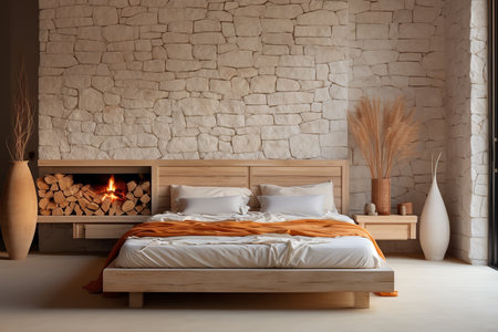 Rustic bedroom with wooden bed frame, white comforter, pillows, and throw blanket. Fireplace is made of stone and has candles on the mantel.の素材