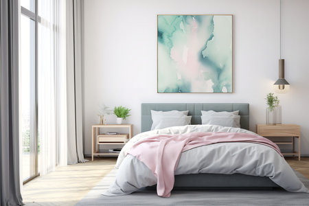 Inviting and contemporary bedroom with white bed, gray comforter, pillows, and throw blanket. Black and white abstract painting above the bed adds a touch of sophisticationの素材
