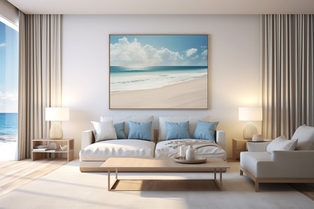 Inviting and relaxing modern bedroom with white bed, gray comforter, pillows, and throw blanket. Large picture of a beach on the wall adds a touch of coastal charm.の素材