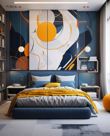 Serene and stylish contemporary bedroom with white bed, gray comforter, pillows, and throw blanket. Large abstract painting above the bed adds a touch of sophistication and visual interest.の素材