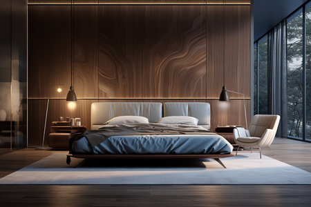 Inviting and modern bedroom with white bed, gray comforter, pillows, and throw blanket. Large canvas painting above bed adds a touch of sophistication and visual interestの素材