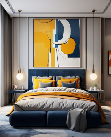 Inviting and stylish mid-century modern bedroom with white bed, gray comforter, pillows, and throw blanket. Colorful abstract painting above the bed adds a touch of personality and visual interest.の素材